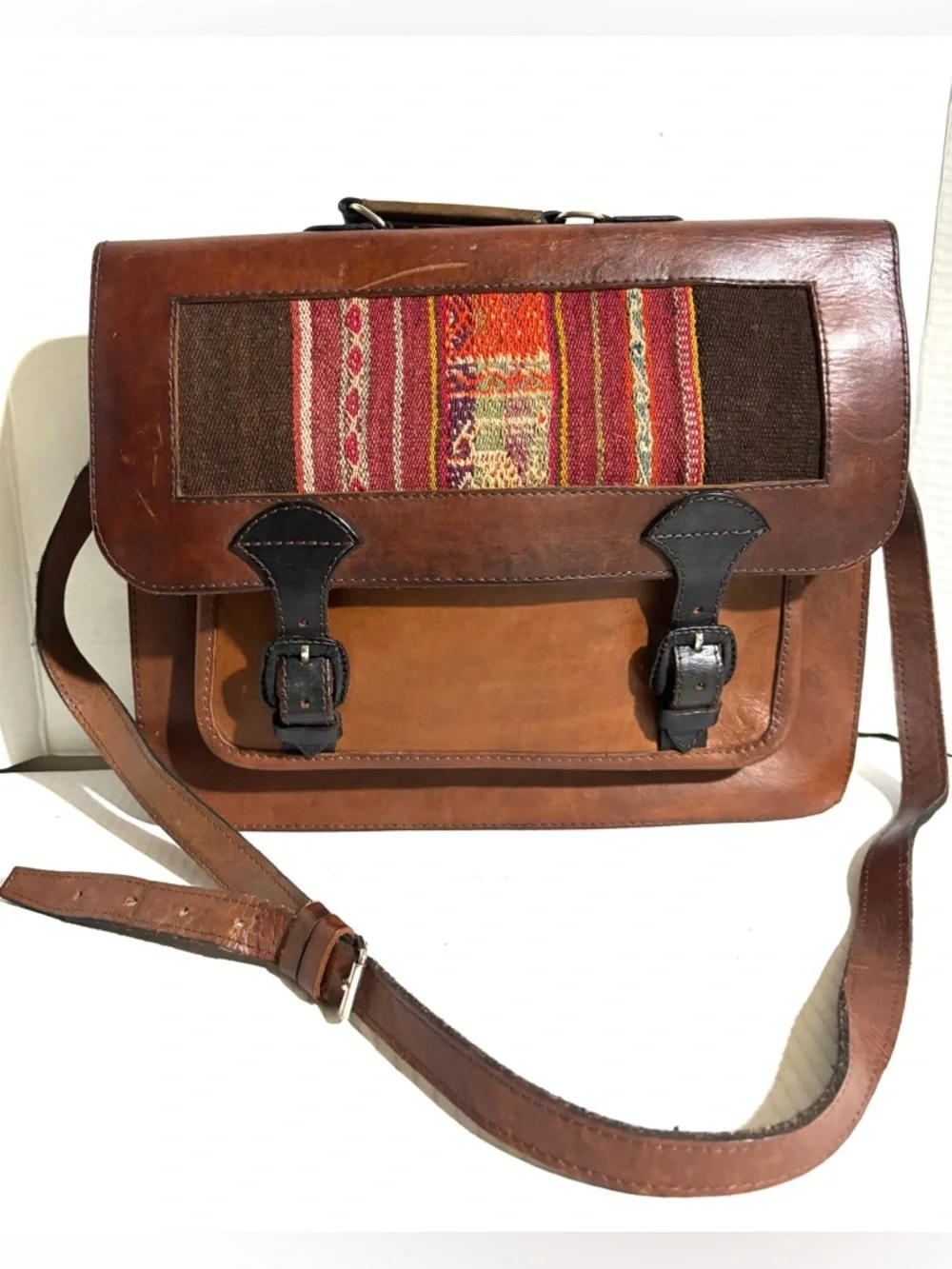 Vintage unisex Brown Leather Messenger Bag with Multicolor Woven Panel